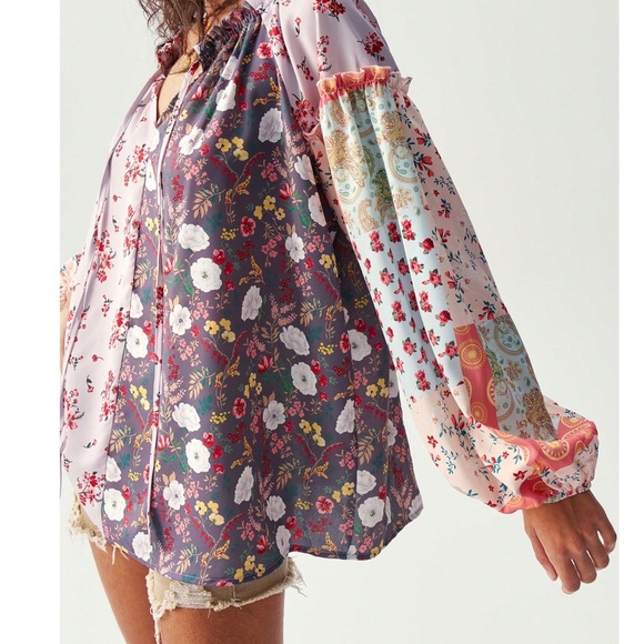 Boho Floral Print Patchwork Neck Tie Long Sleeve Blouse - Picture 5 of 7